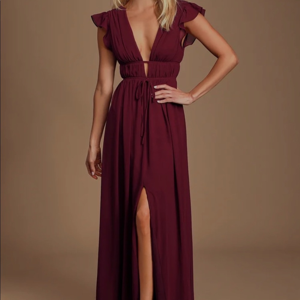 Lulus I’m all yours burgundy ruffled maxi dress